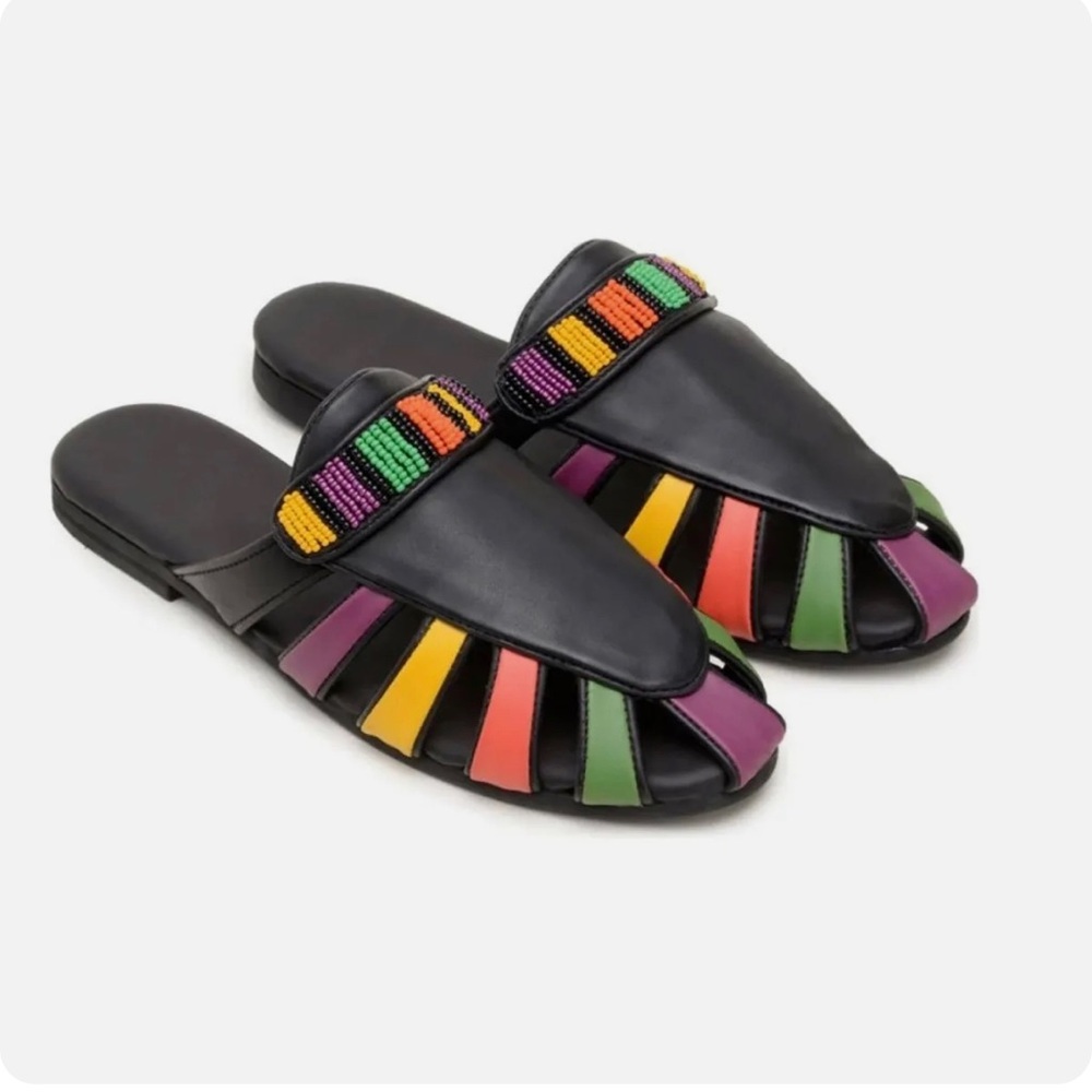 NIB Farm Rio Rainbow Beaded Vegan Black Mules